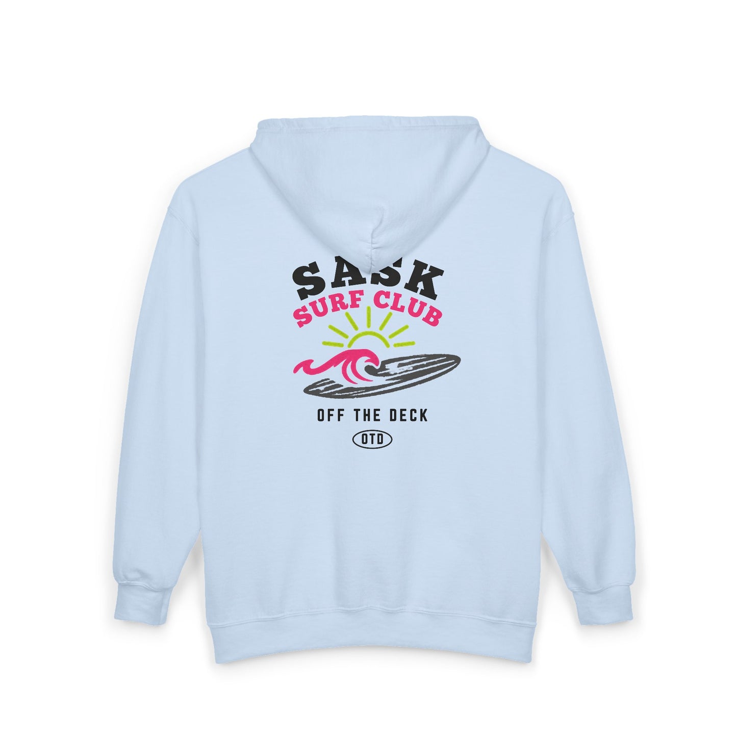 Sask Surf Club Zip Hoodie — 'Off The Deck' Retro Surf Graphic
