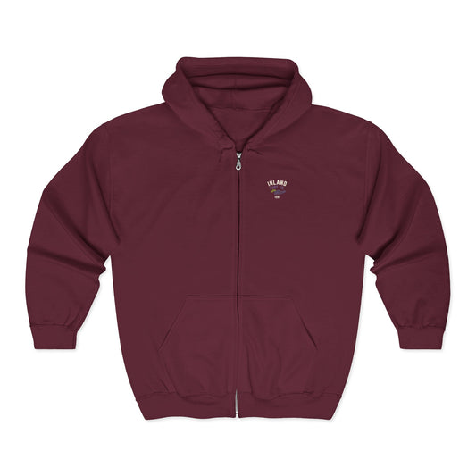 Inland Surf Co. Zip Hoodie – Retro Beach Surfboard Design