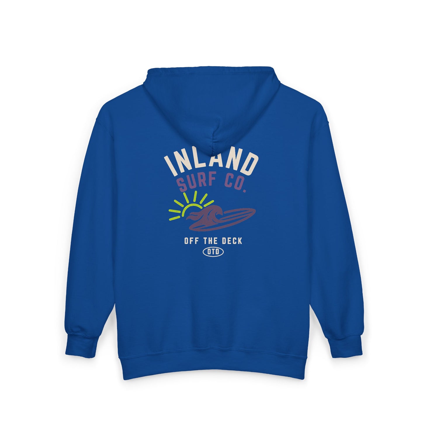 Inland Surf Co. Zip Hoodie – Retro Beach Surfboard Design