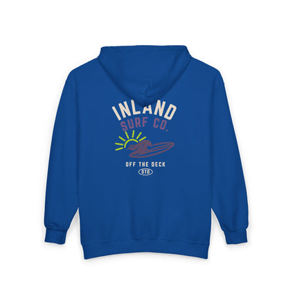 Inland Surf Co. Zip Hoodie – Retro Beach Surfboard Design