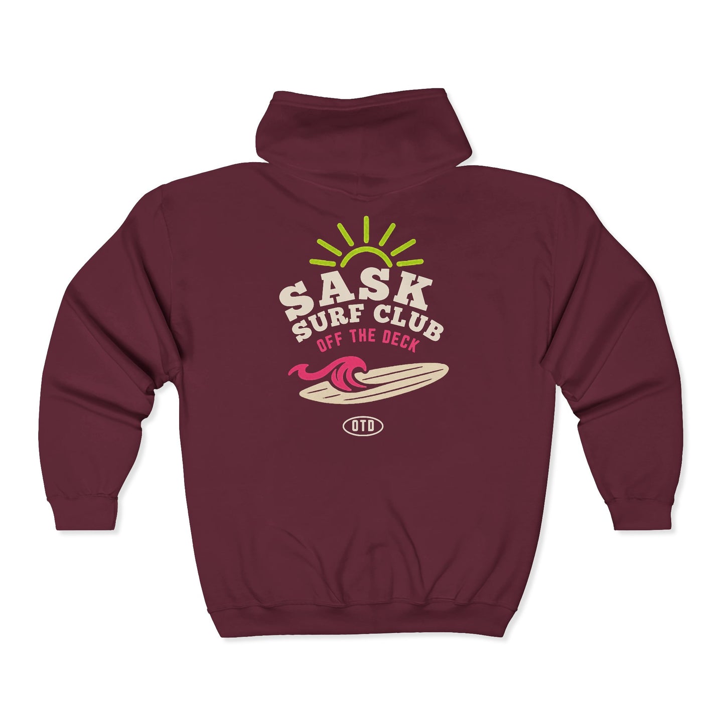 Sask Surf Club Zip Hoodie – Retro Beach Surfboard Design