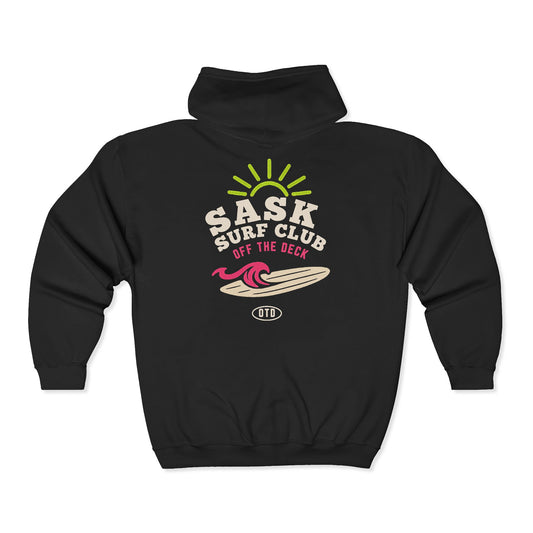 Sask Surf Club Zip Hoodie – Retro Beach Surfboard Design
