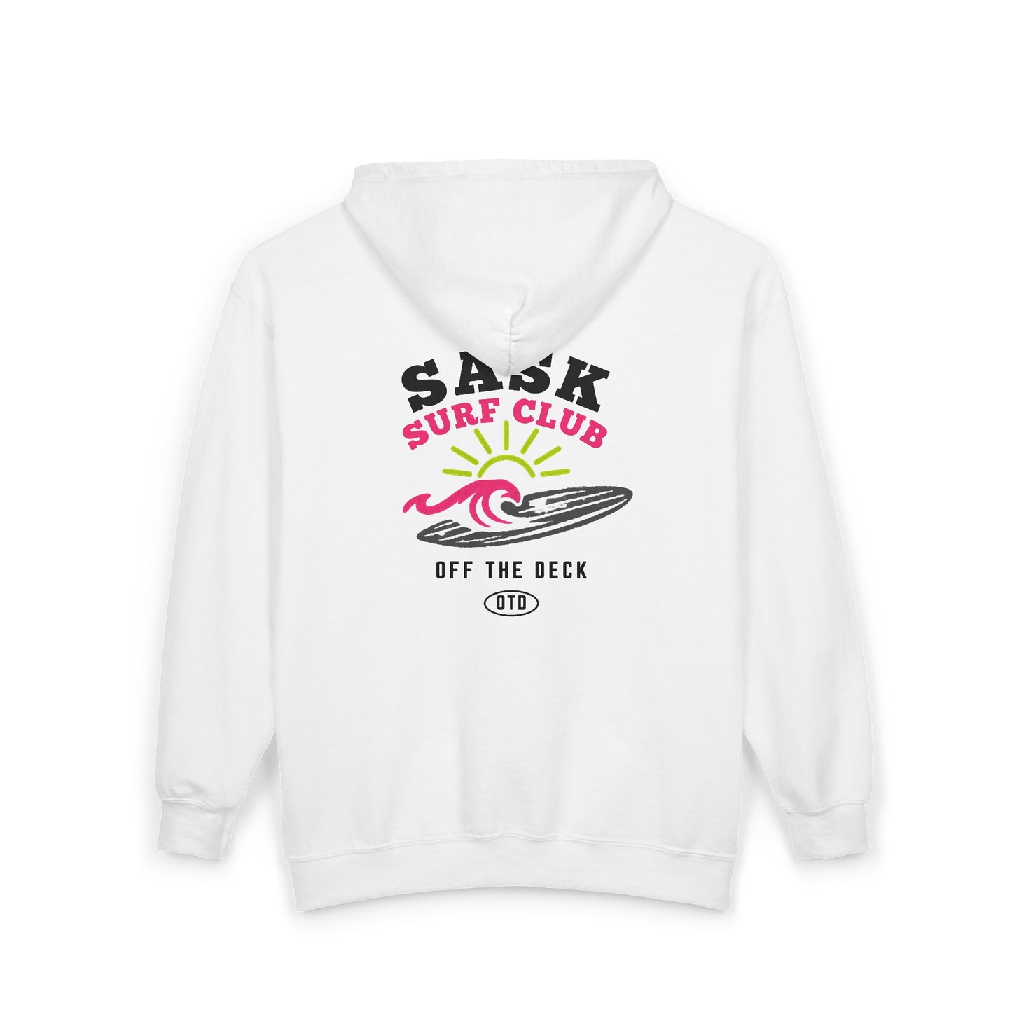 Sask Surf Club Zip Hoodie — 'Off The Deck' Retro Surf Graphic