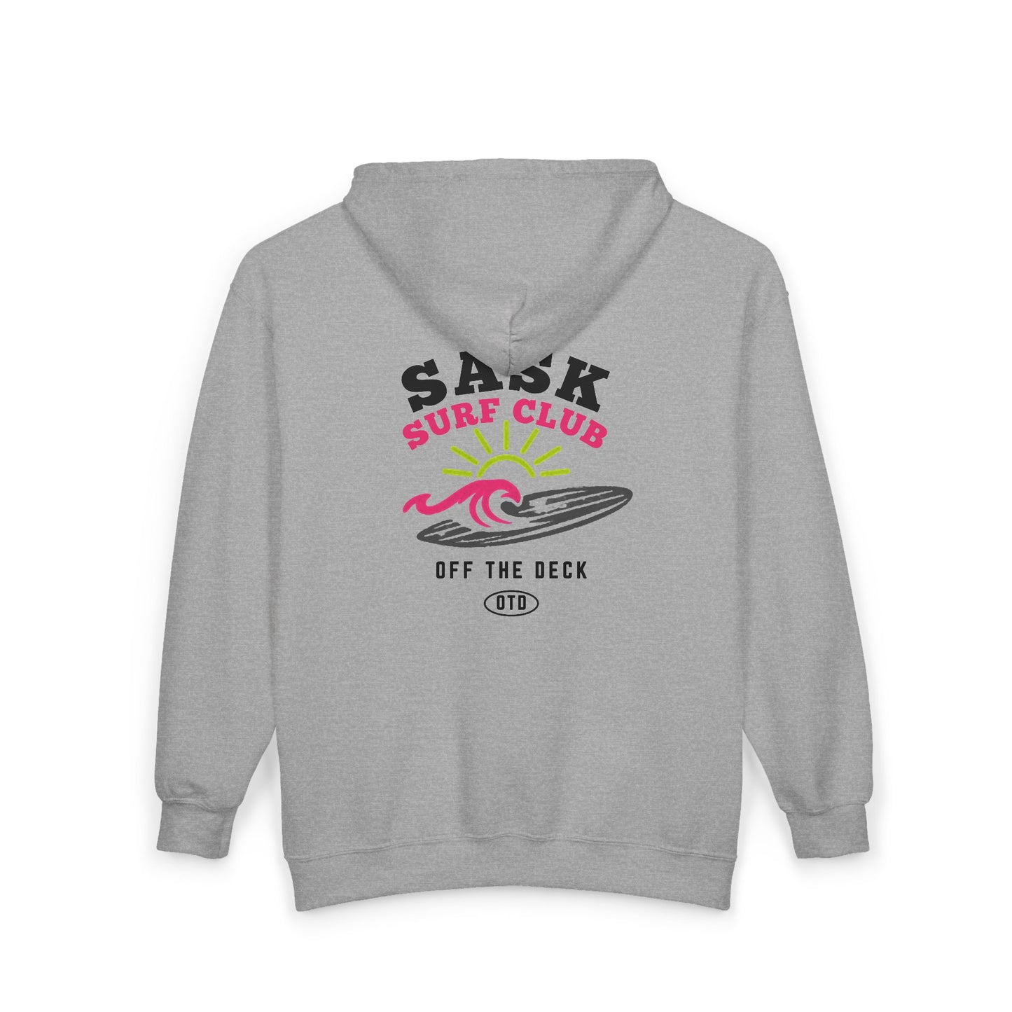 Sask Surf Club Zip Hoodie — 'Off The Deck' Retro Surf Graphic
