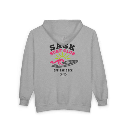 Sask Surf Club Zip Hoodie — 'Off The Deck' Retro Surf Graphic