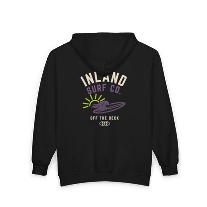 Inland Surf Co. Zip Hoodie – Retro Beach Surfboard Design