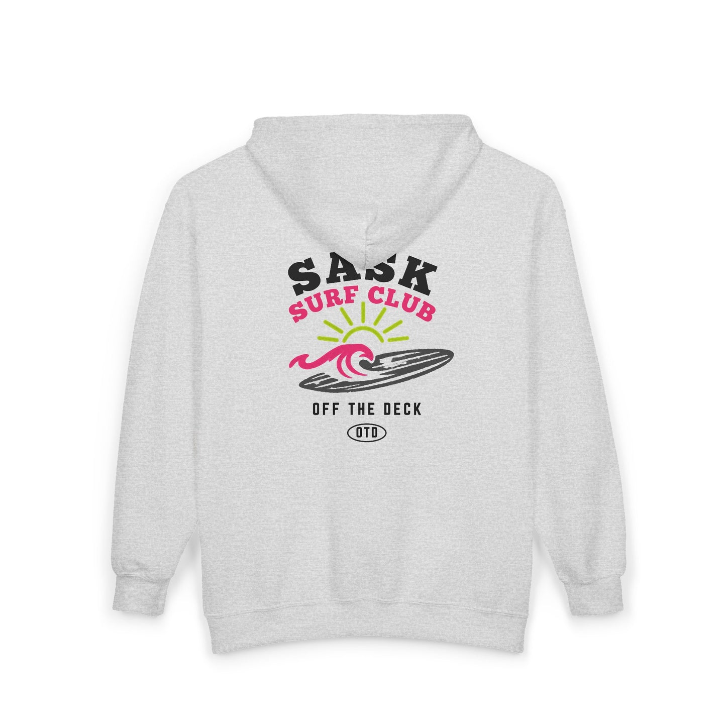 Sask Surf Club Zip Hoodie — 'Off The Deck' Retro Surf Graphic