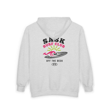 Sask Surf Club Zip Hoodie — 'Off The Deck' Retro Surf Graphic