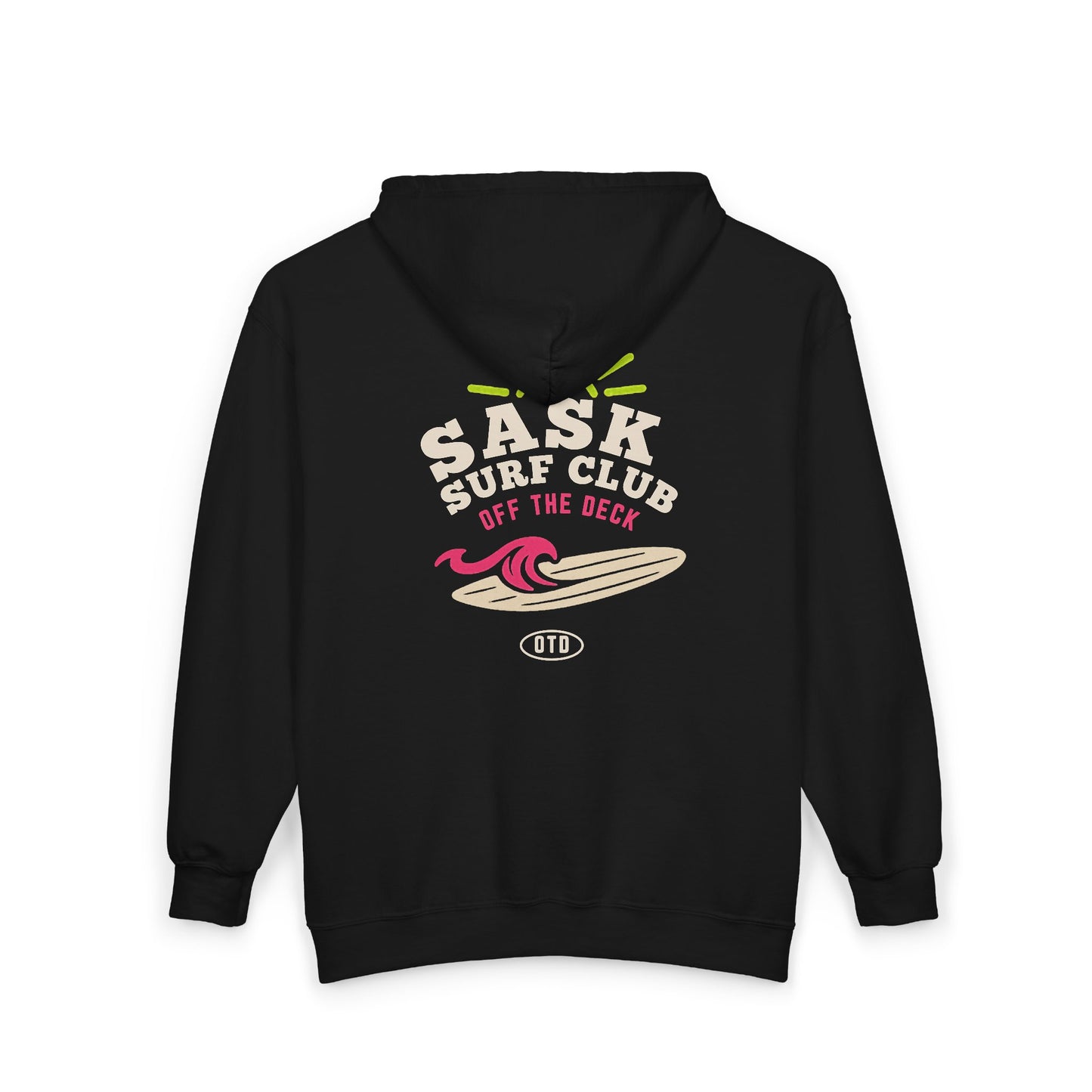 Sask Surf Club Zip Hoodie – Retro Beach Surfboard Design