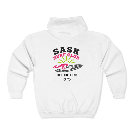 Sask Surf Club Zip Hoodie — 'Off The Deck' Retro Surf Graphic