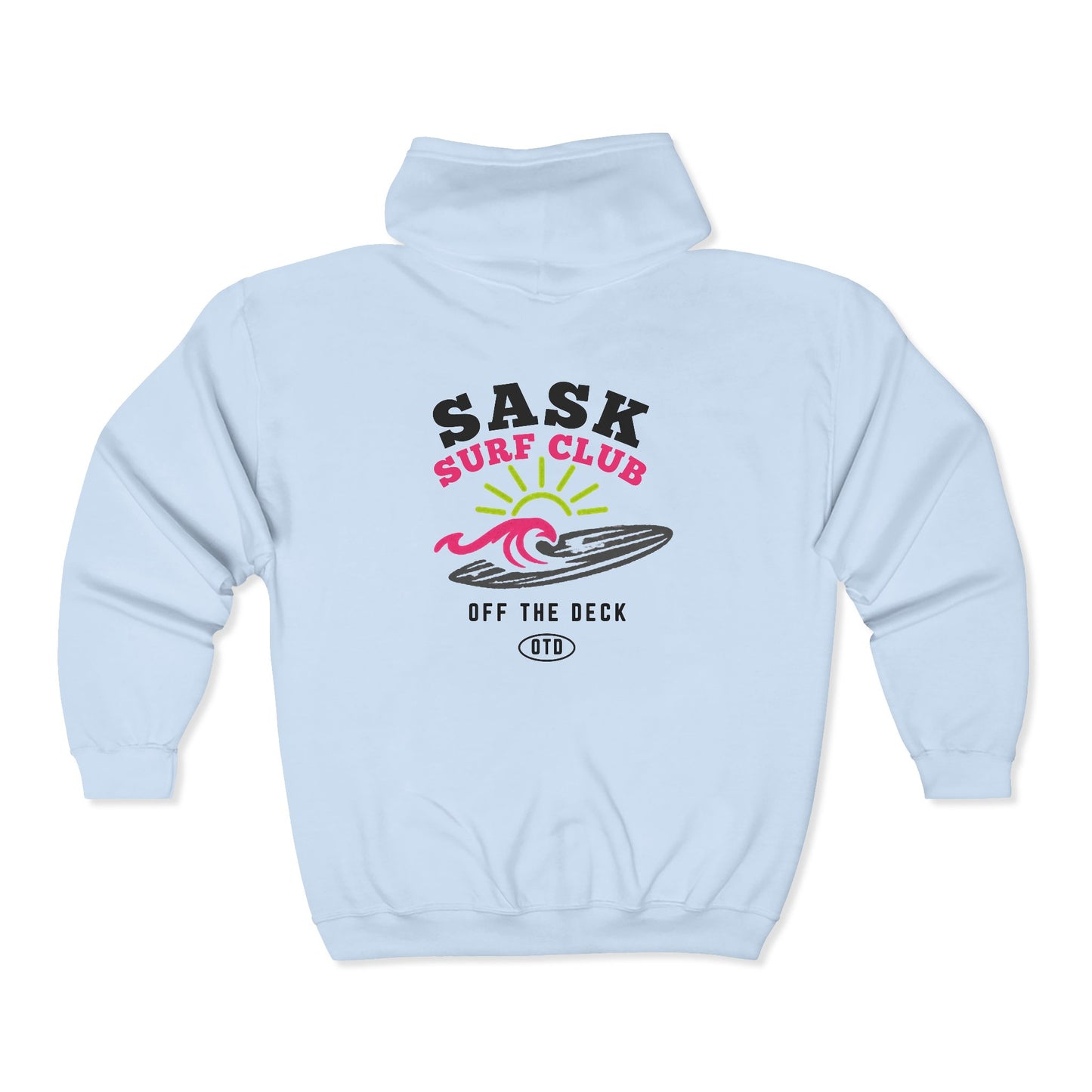 Sask Surf Club Zip Hoodie — 'Off The Deck' Retro Surf Graphic