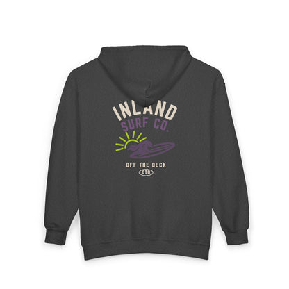Inland Surf Co. Zip Hoodie – Retro Beach Surfboard Design