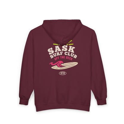 Sask Surf Club Zip Hoodie – Retro Beach Surfboard Design