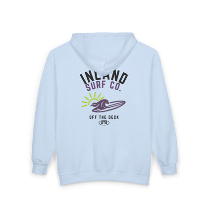 Inland Surf Co. Zip Hoodie — 'Off The Deck' Retro Surf Graphic