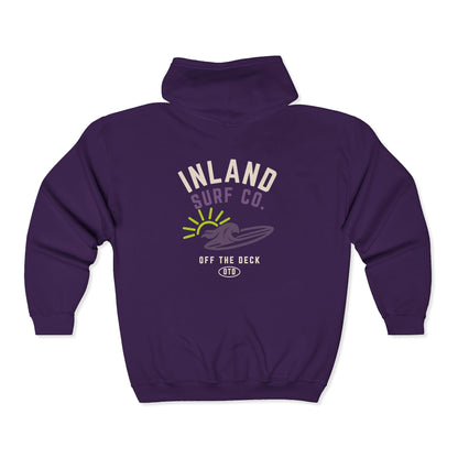 Inland Surf Co. Zip Hoodie – Retro Beach Surfboard Design