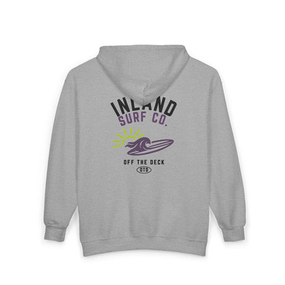 Inland Surf Co. Zip Hoodie — 'Off The Deck' Retro Surf Graphic