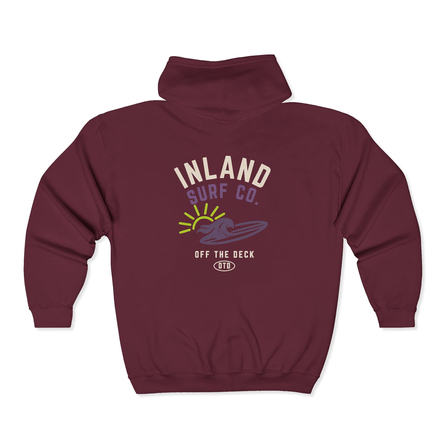 Inland Surf Co. Zip Hoodie – Retro Beach Surfboard Design