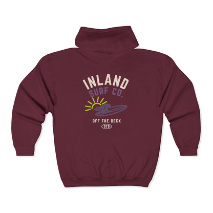 Inland Surf Co. Zip Hoodie – Retro Beach Surfboard Design
