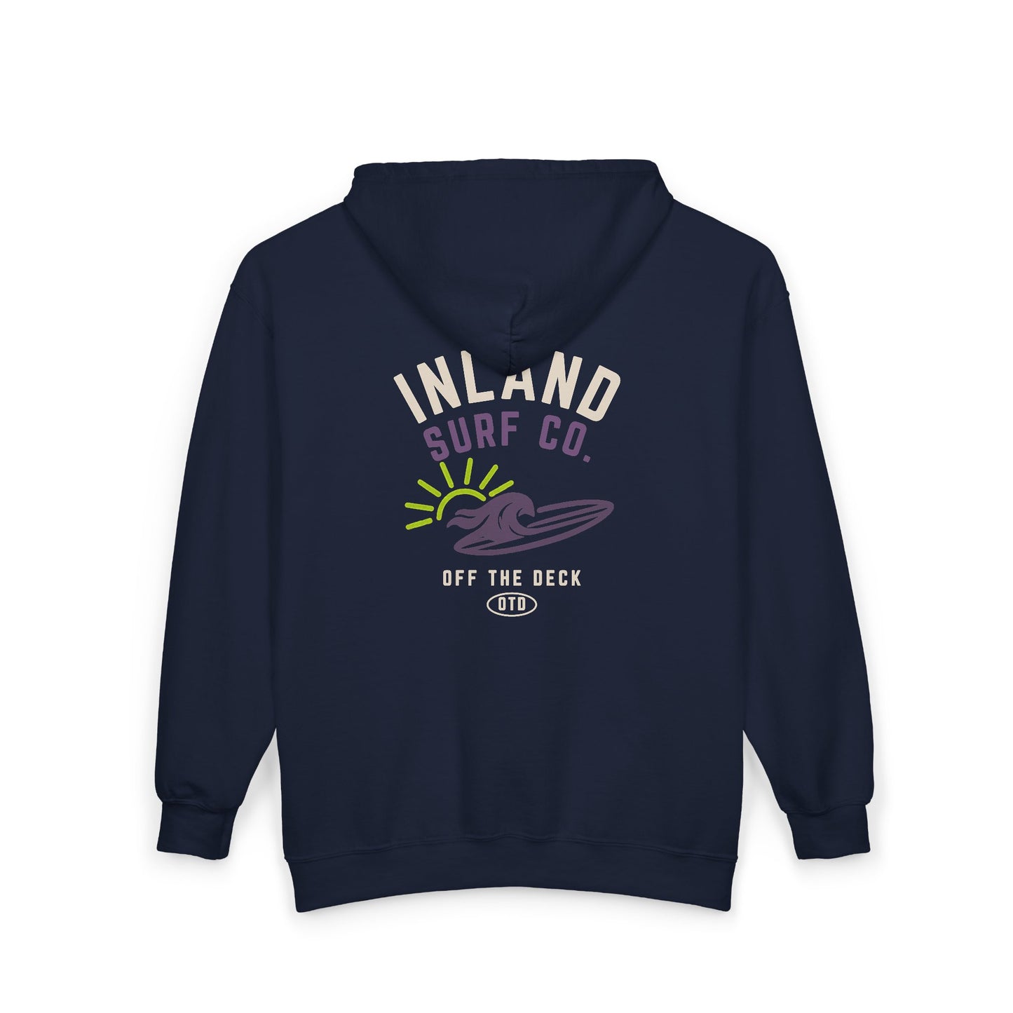Inland Surf Co. Zip Hoodie – Retro Beach Surfboard Design