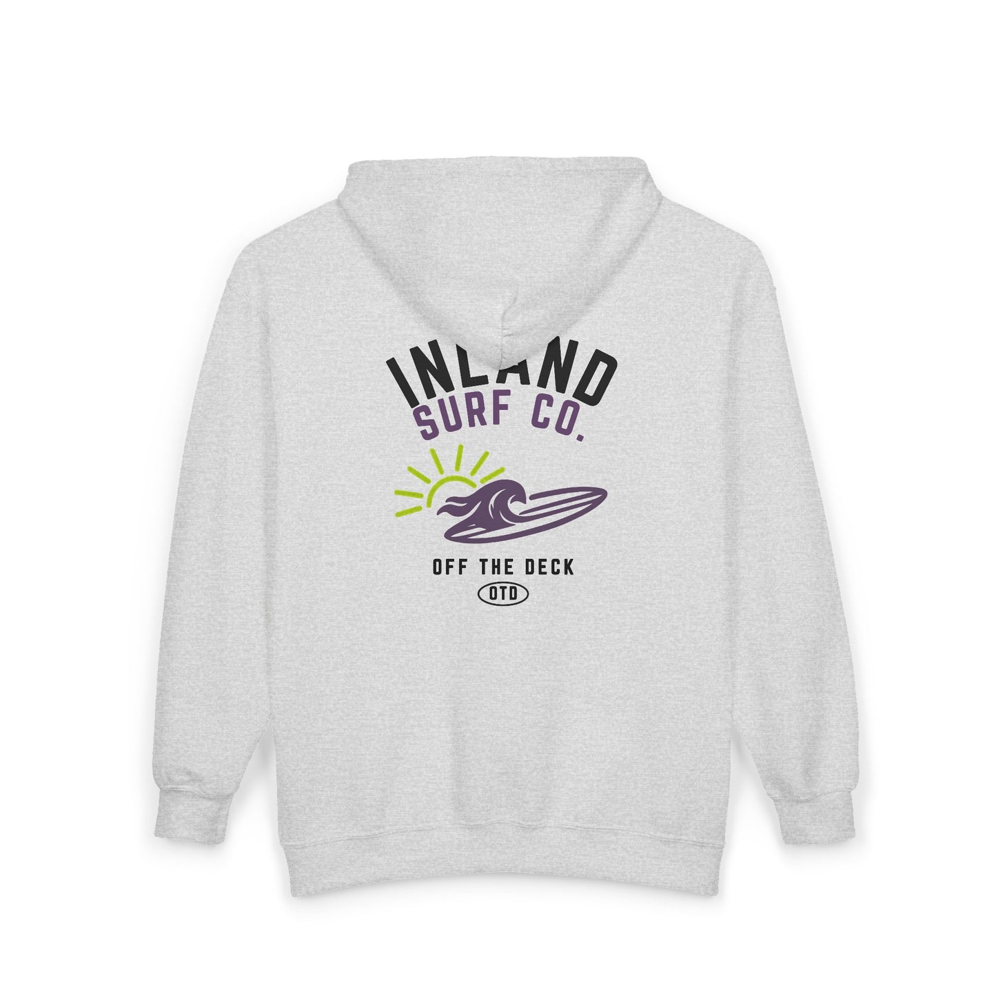 Inland Surf Co. Zip Hoodie — 'Off The Deck' Retro Surf Graphic