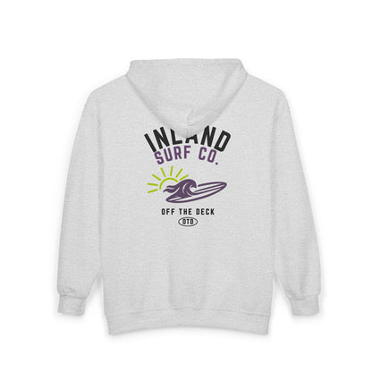 Inland Surf Co. Zip Hoodie — 'Off The Deck' Retro Surf Graphic