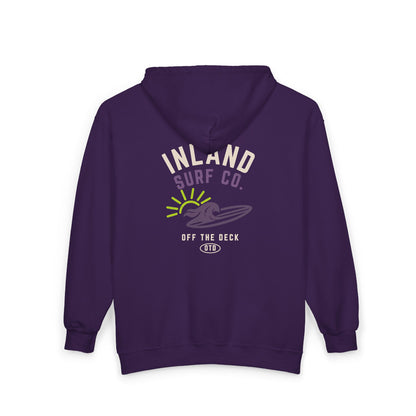 Inland Surf Co. Zip Hoodie – Retro Beach Surfboard Design
