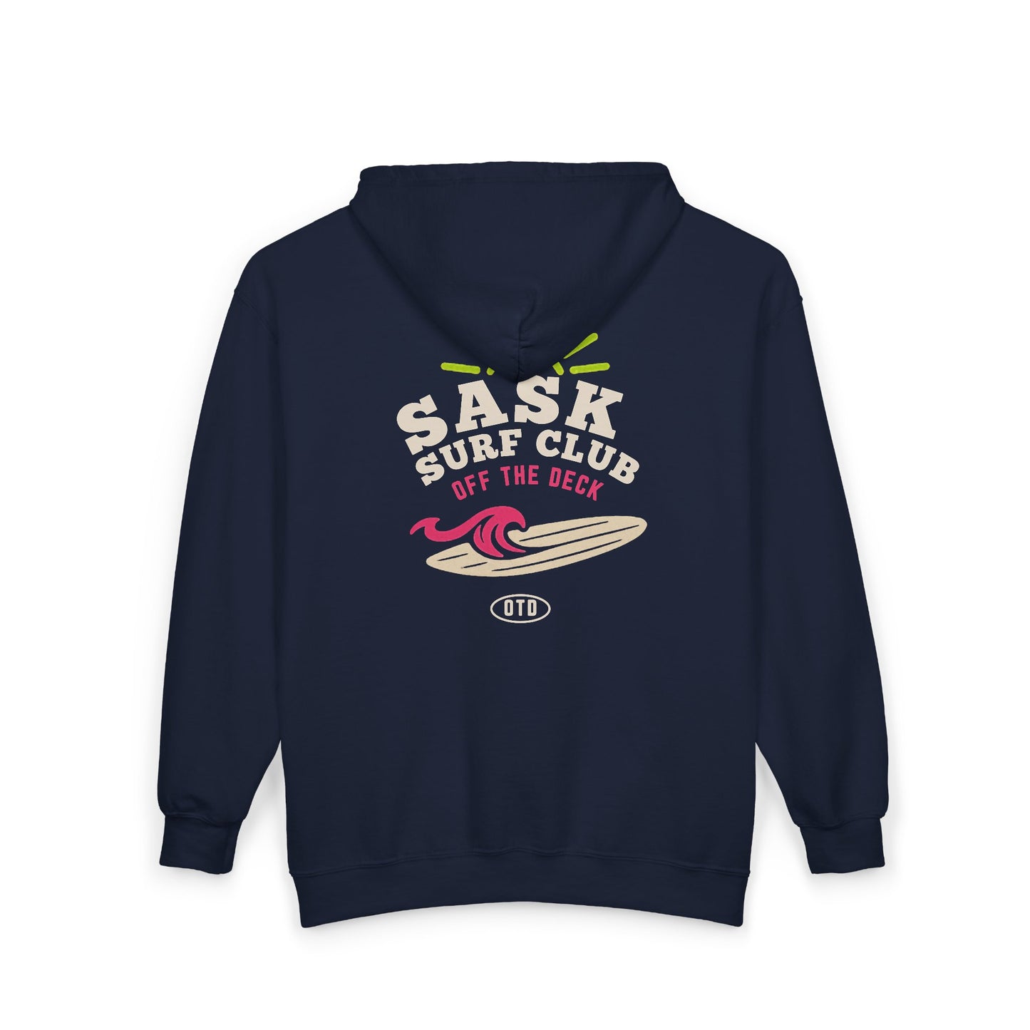 Sask Surf Club Zip Hoodie – Retro Beach Surfboard Design