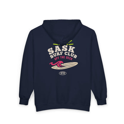 Sask Surf Club Zip Hoodie – Retro Beach Surfboard Design
