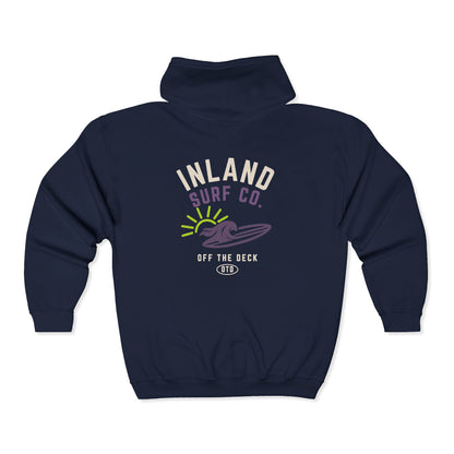Inland Surf Co. Zip Hoodie – Retro Beach Surfboard Design