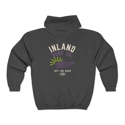 Inland Surf Co. Zip Hoodie – Retro Beach Surfboard Design
