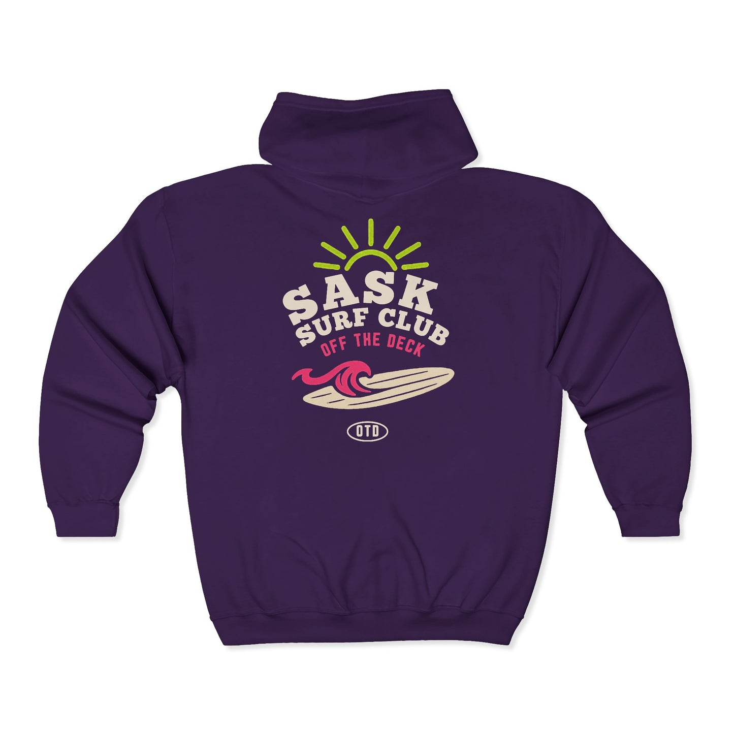 Sask Surf Club Zip Hoodie – Retro Beach Surfboard Design