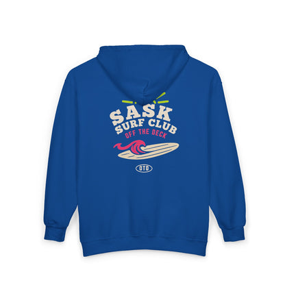 Sask Surf Club Zip Hoodie – Retro Beach Surfboard Design