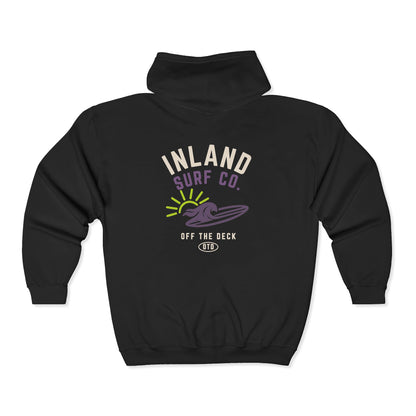 Inland Surf Co. Zip Hoodie – Retro Beach Surfboard Design