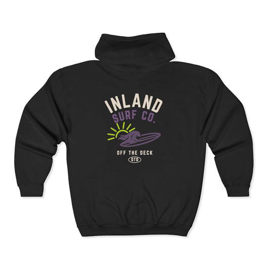 Inland Surf Co. Zip Hoodie – Retro Beach Surfboard Design