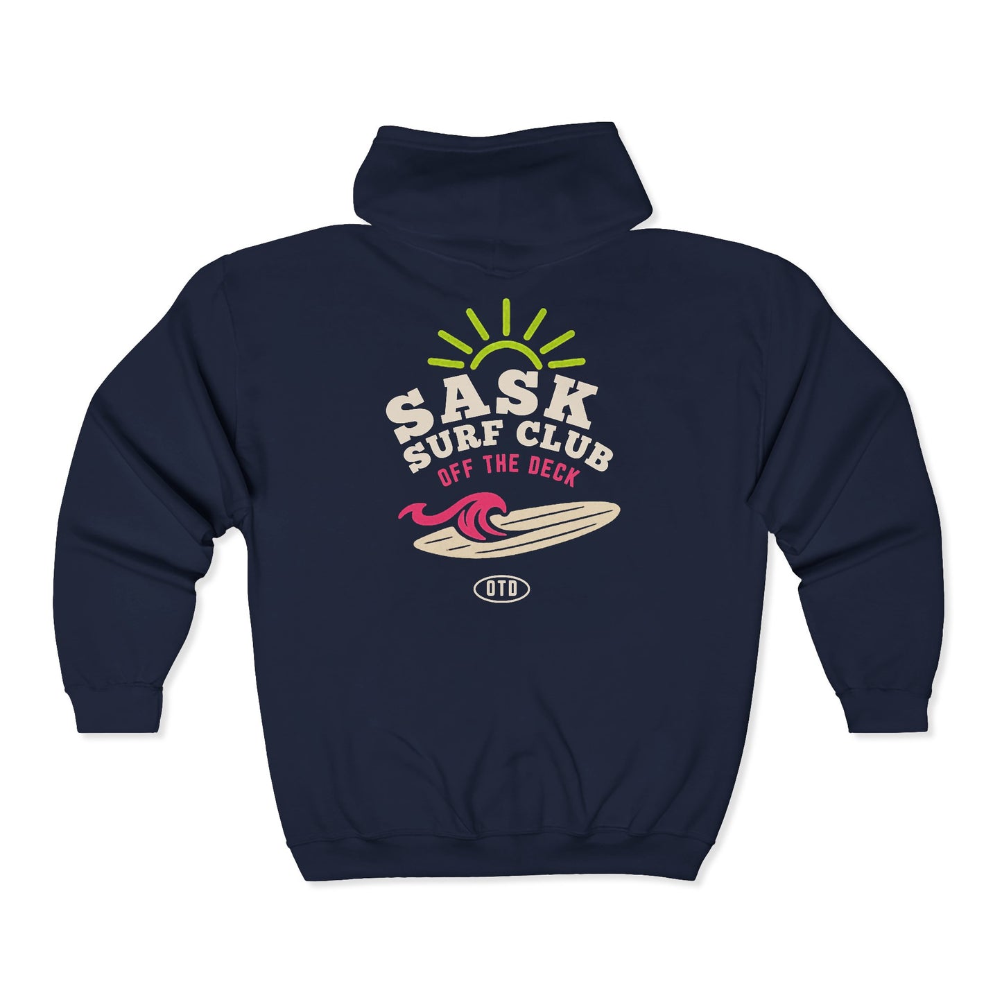 Sask Surf Club Zip Hoodie – Retro Beach Surfboard Design