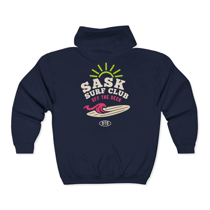Sask Surf Club Zip Hoodie – Retro Beach Surfboard Design