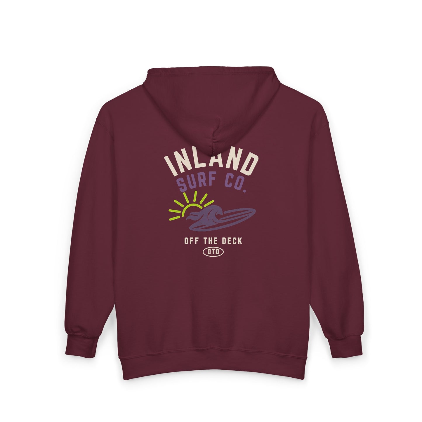 Inland Surf Co. Zip Hoodie – Retro Beach Surfboard Design