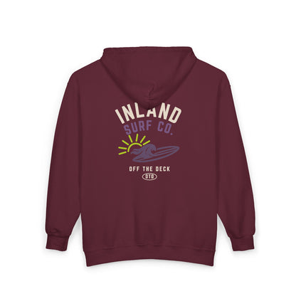 Inland Surf Co. Zip Hoodie – Retro Beach Surfboard Design