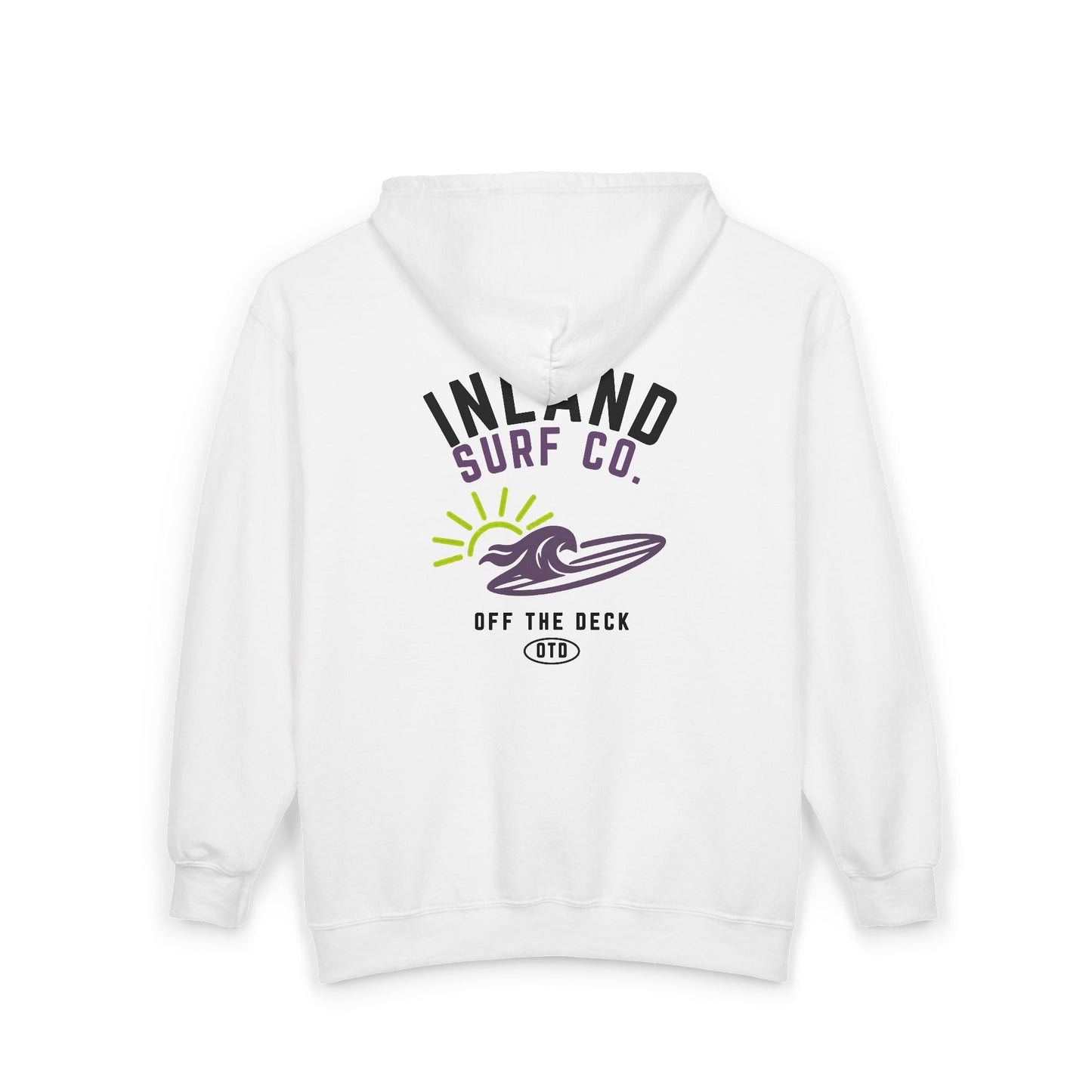 Inland Surf Co. Zip Hoodie — 'Off The Deck' Retro Surf Graphic