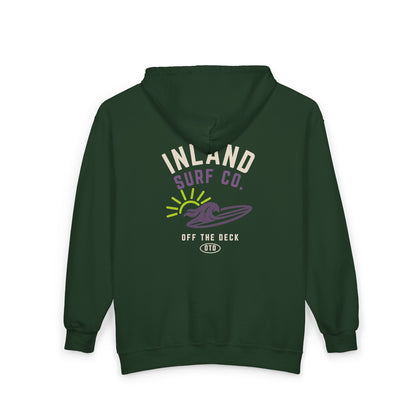 Inland Surf Co. Zip Hoodie – Retro Beach Surfboard Design