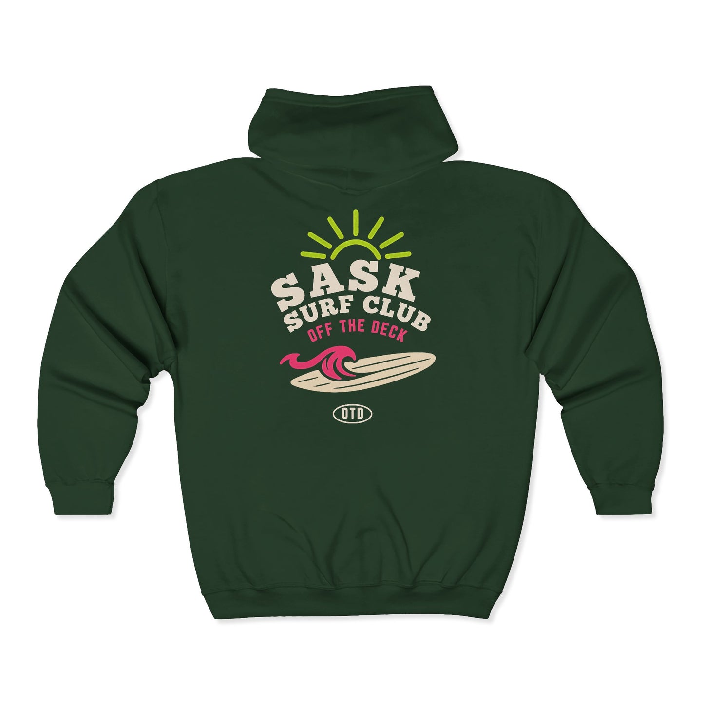 Sask Surf Club Zip Hoodie – Retro Beach Surfboard Design
