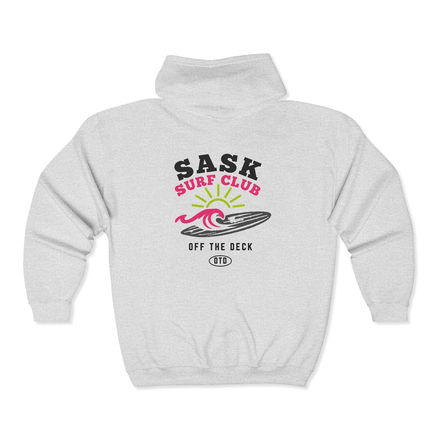 Sask Surf Club Zip Hoodie — 'Off The Deck' Retro Surf Graphic